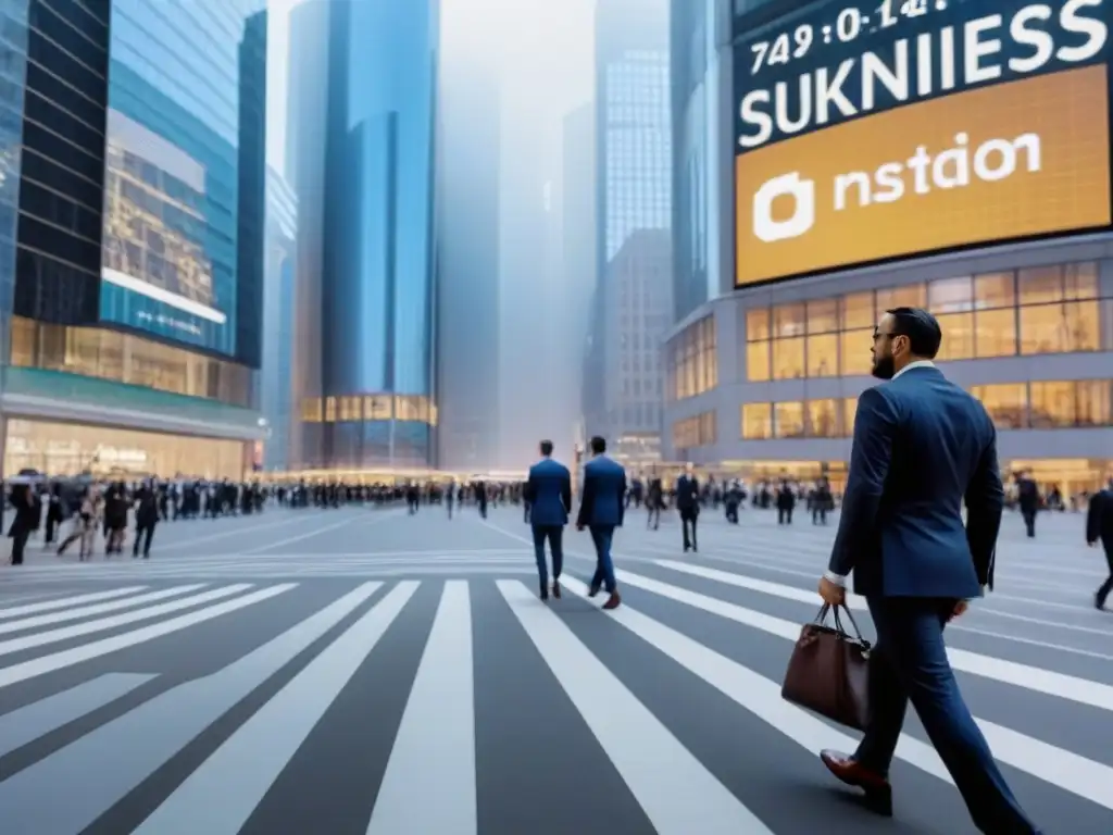 Distrito financiero: ajetreo y modernidad en la ciudad global Vibrante distrito financiero con rascacielos, ejecutivos y pantallas digitales, ideal para ilustrar estrategias inversión inmobiliaria mercado maduro