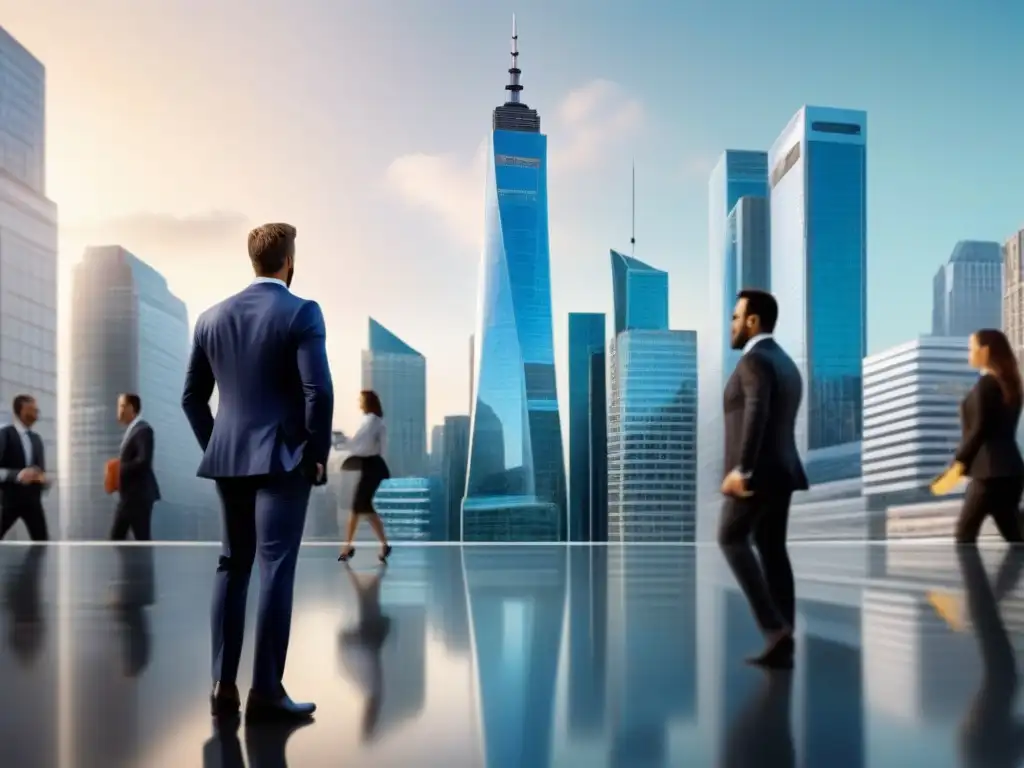 Distrito financiero vibrante: arquitectura y profesionales en acción Vibrante distrito financiero con rascacielos y profesionales, reflejando el impacto de eventos políticos en el mercado inmobiliario