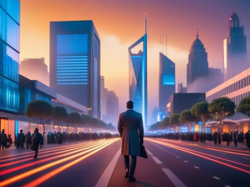 Distrito financiero africano: Hora dorada Un vibrante distrito financiero en África Subsahariana con modernos rascacielos y profesionales ocupados