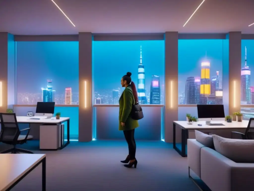 Coworking futurista en distrito empresarial nocturno Un vibrante distrito de negocios internacional con rascacielos iluminados por luces de neón