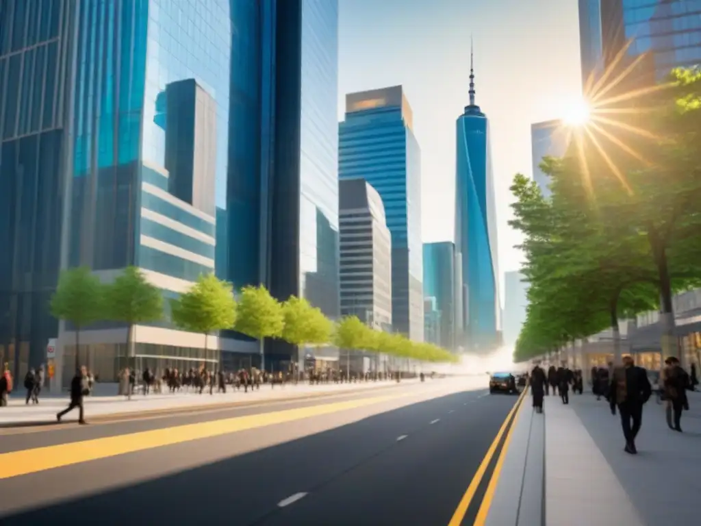 Horizonte urbano moderno: vibrante distrito comercial de rascacielos Un vibrante distrito de negocios con rascacielos modernos reflejando el sol