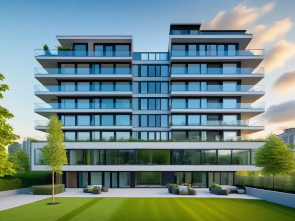 Condominio moderno en ciudad canadiense: estilo de vida millennial Un vibrante edificio de condominios moderno en Canadá, rodeado de naturaleza, millennials activos y un parque urbano