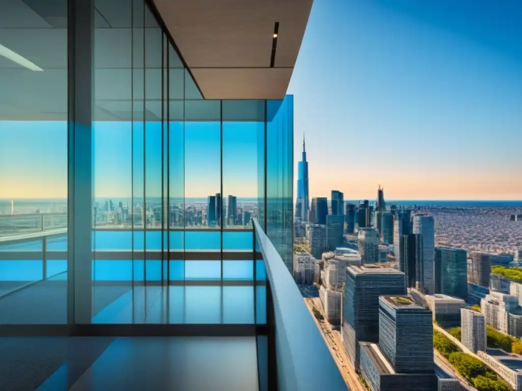 Edificio de oficinas moderno en entorno urbano dinámico Un vibrante edificio de oficinas con una fachada de vidrio, reflejando el cielo azul y rodeado de calles comerciales