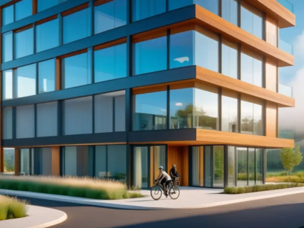Edificio sostenible: diseño ecofriendly y vida activa Vibrante edificio sostenible con personas disfrutando de actividades saludables, simbolizando los beneficios de la certificación Fitwel inmobiliario
