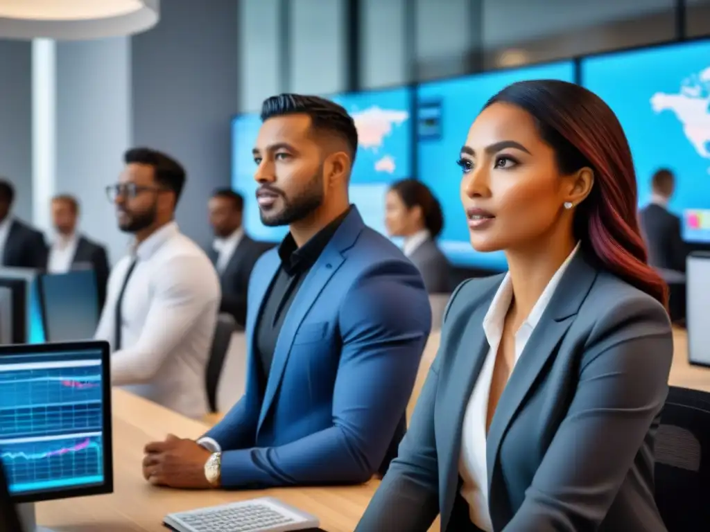 Profesionales innovadores en oficina moderna Un vibrante encuentro de profesionales en una oficina moderna, compartiendo ideas para expandir la red de contactos en inversiones internacionales