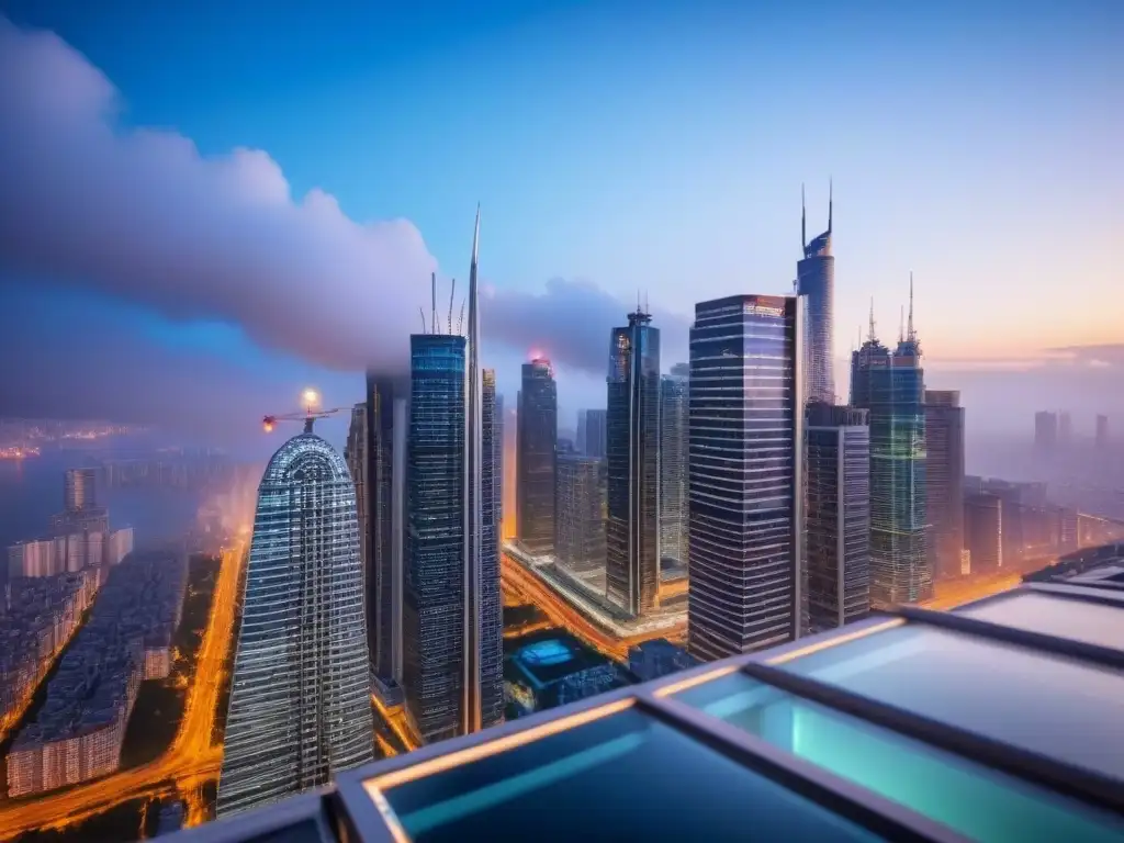Skyline vibrante y colaborativo en el mercado inmobiliario global La vibrante energía de joint ventures en el mercado inmobiliario internacional, reflejada en un bullicioso paisaje urbano al anochecer