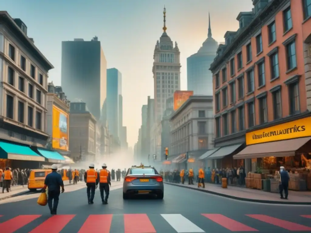 Renovación urbana: ciudad histórica y moderna en armonía Una vibrante escena de calles de la ciudad en plena revitalización, con arquitectura histórica y rascacielos modernos