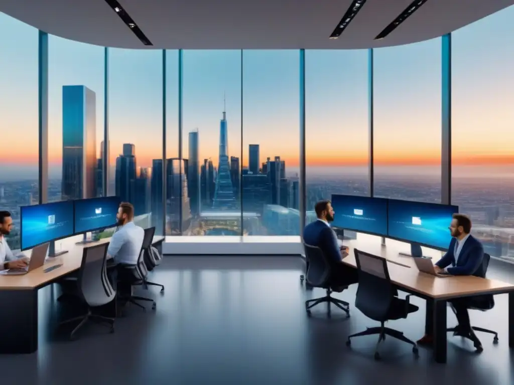 Vibrante hub tecnológico: inversores y profesionales en acción Vibrante escena en un centro tecnológico con comunidades de inversores en PropTech colaborando y compartiendo ideas