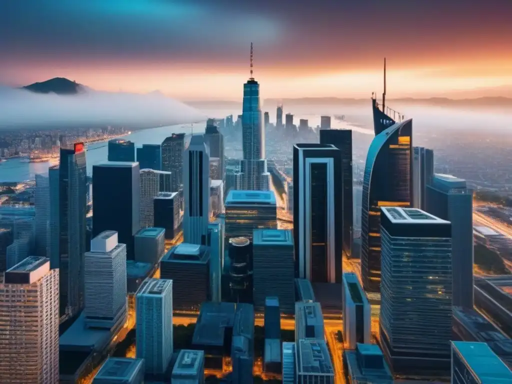 Metrópolis emergente: skyline vibrante y profesionales en acción Vibrante escena de ciudad en economía emergente: modernos rascacielos y arquitectura tradicional