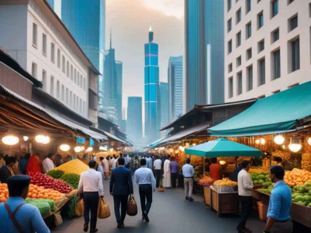 Inversión inmobiliaria: energía y potencial en mercados emergentes Vibrante escena de una ciudad emergente con rascacielos y arquitectura tradicional, gente diversa y mercados locales