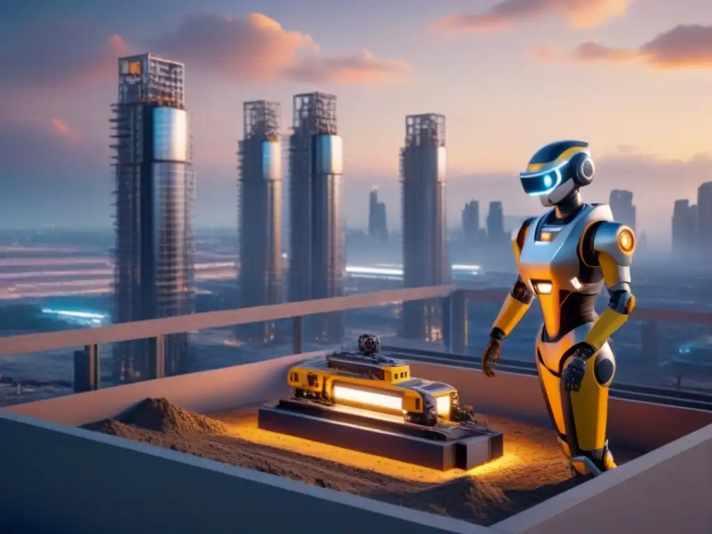 Construcción futurista: robots y drones crean complejo inmobiliario moderno Vibrante escena de robótica en construcción de bienes raíces, con robots y drones modernos trabajando en un complejo futurista