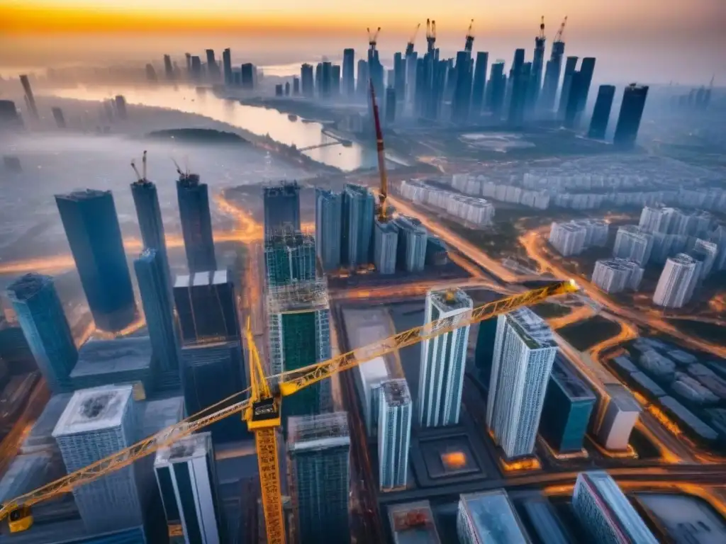 Vibrante metrópolis en crecimiento: construcción de rascacielos y obreros Vibrante escena de la construcción en mercados emergentes, normativas, inversión inmobiliaria