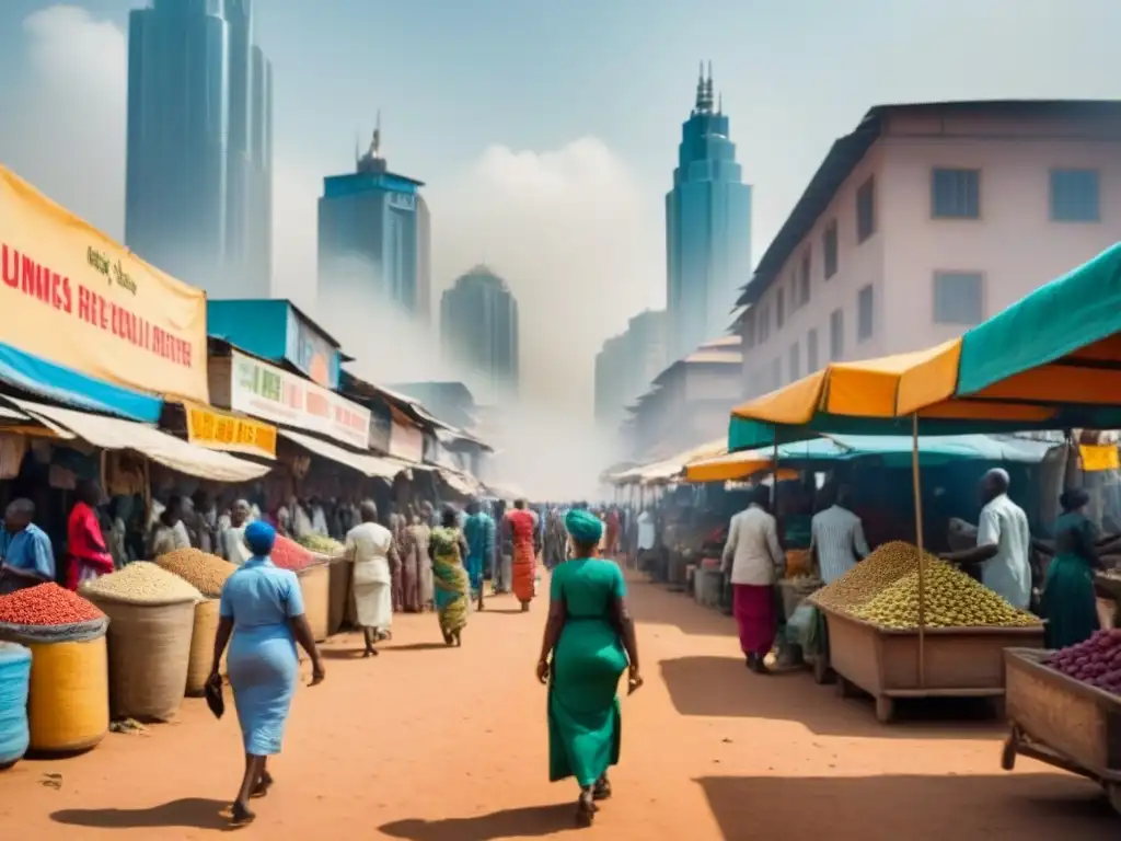 Distrito Comercial en África Subsahariana: Oportunidades de Inversión La vibrante escena de un distrito comercial en África Subsahariana, muestra rascacielos modernos, profesionales ocupados y vida callejera bulliciosa