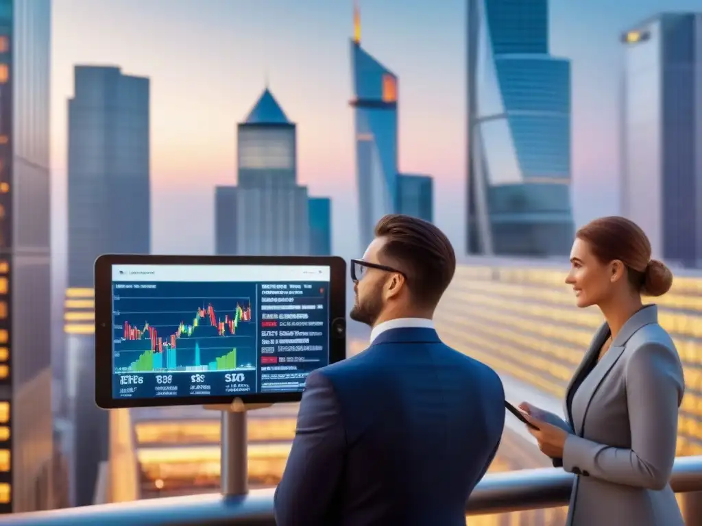 Horizonte financiero vibrante en Europa del Este Vibrante escena de un distrito financiero en Europa del Este, con modernos rascacielos y profesionales analizando datos financieros al atardecer