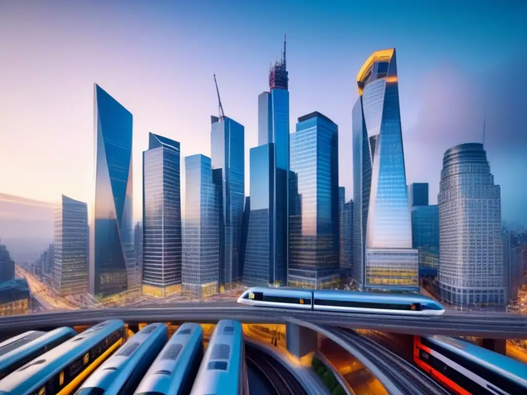 Distrito financiero mundial: innovación y diversidad en riesgo hipotecario Una vibrante escena en un distrito financiero internacional, reflejando modernidad e innovación en la gestión de riesgos hipotecarios internacionales