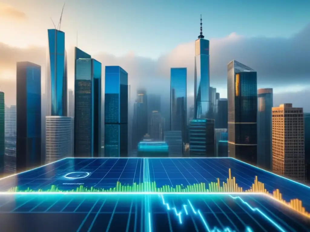 Escena financiera futurista con gráficos digitales en ciudad moderna Vibrante escena financiera con gráficos digitales sobre ciudad futurista, representando impacto de fluctuaciones del dólar en inversiones inmobiliarias