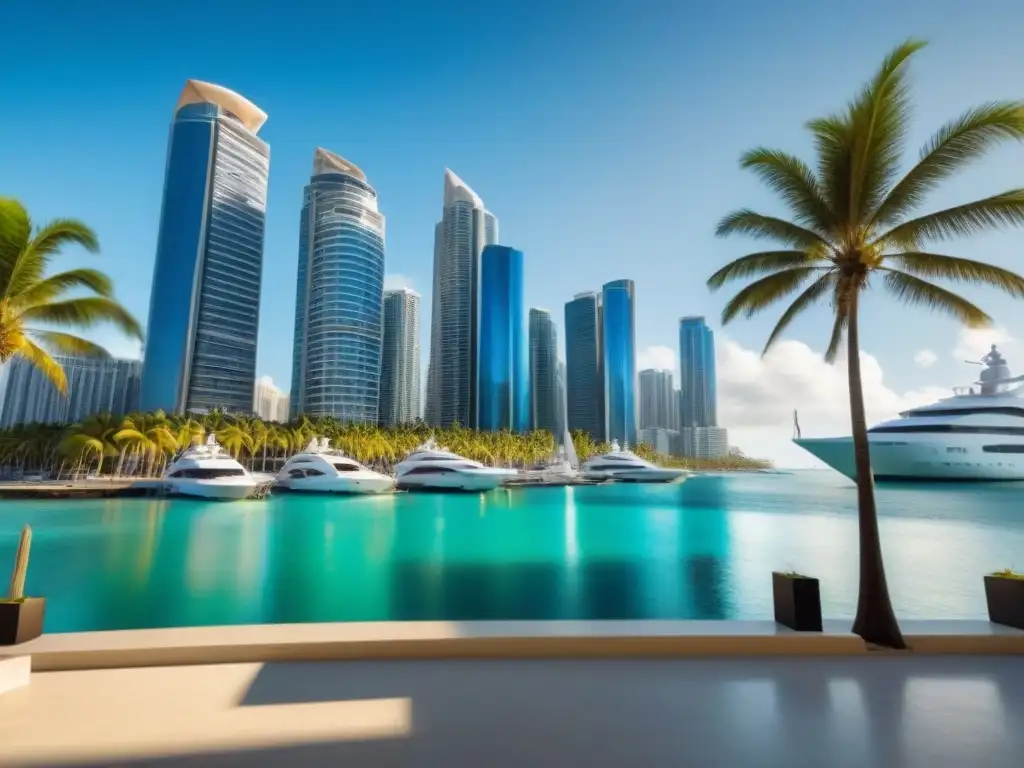 Distrito financiero caribeño: lujo y prosperidad Vibrante escena financiera en el Caribe con rascacielos, profesionales y yates