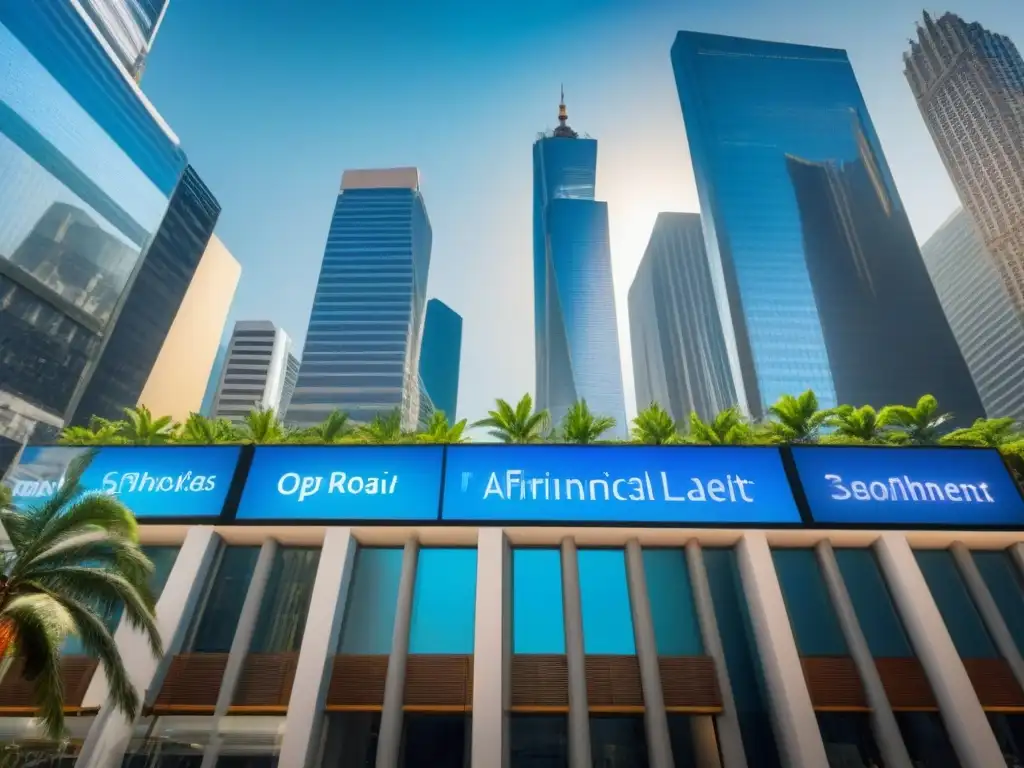 Vibrante distrito financiero en Latinoamérica: 8k ultra detallado Vibrante escena financiera en Latinoamérica: rascacielos modernos, ejecutivos y datos bursátiles