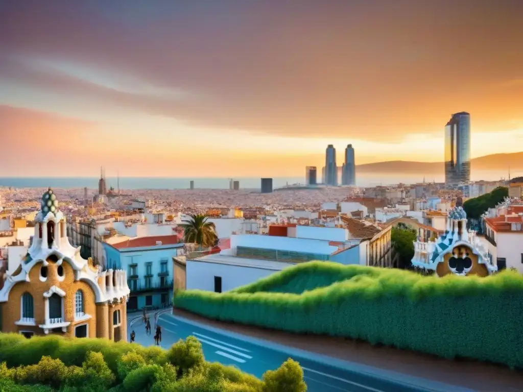 Barcelona sostenible: paisaje urbano al atardecer Vibrante escena futurista de Barcelona al atardecer con desarrollo sostenible y paisaje urbano integrado