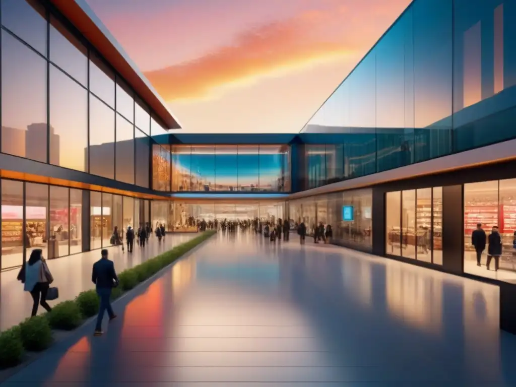 Centro comercial futurista: innovación y diversidad en un entorno vibrante Vibrante escena futurista en un centro comercial innovador, integrando tecnología avanzada y diseño vanguardista