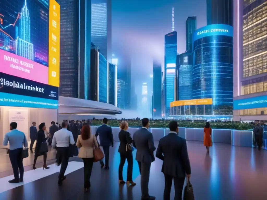 Distrito financiero futurista: inversión global en tiempo real Vibrante escena futurista del distrito financiero global con rascacielos y datos bursátiles en tiempo real, redes de conexiones luminosas y luces neón, simbolizando la interconexión del mercado inmobiliario global en tiempos de alta inflación