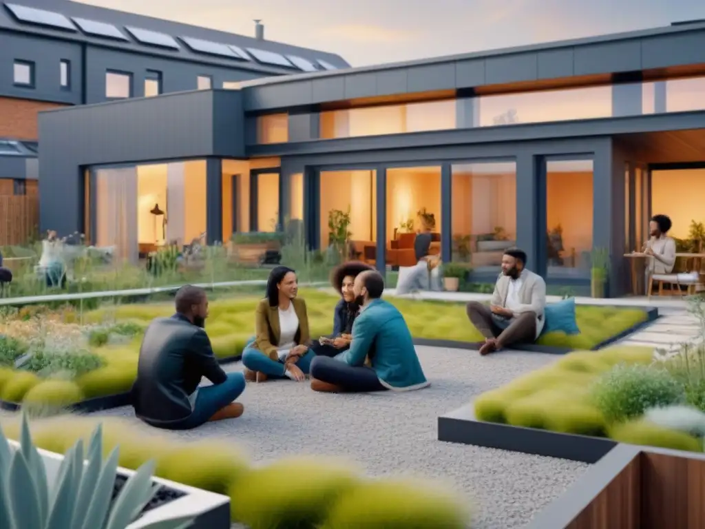 Comunidad colaborativa en espacio futurista Vibrante escena de cohousing futuro postCOVID19 con impacto positivo en la comunidad