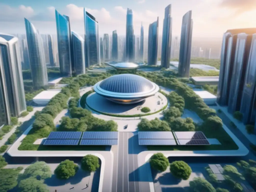 Centro tecnológico futurista: innovación y conectividad global Vibrante escena de innovación en un hub tech futurista con rascacielos de vidrio, paneles solares y profesionales diversificados