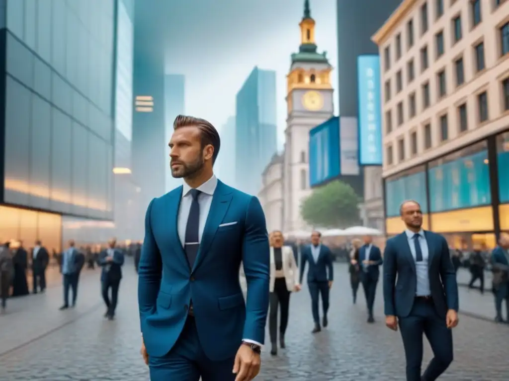 Distrito financiero en Europa del Este: Oportunidad y crecimiento Vibrante escena de inversión inmobiliaria en Europa del Este con rascacielos modernos y profesionales de negocios caminando