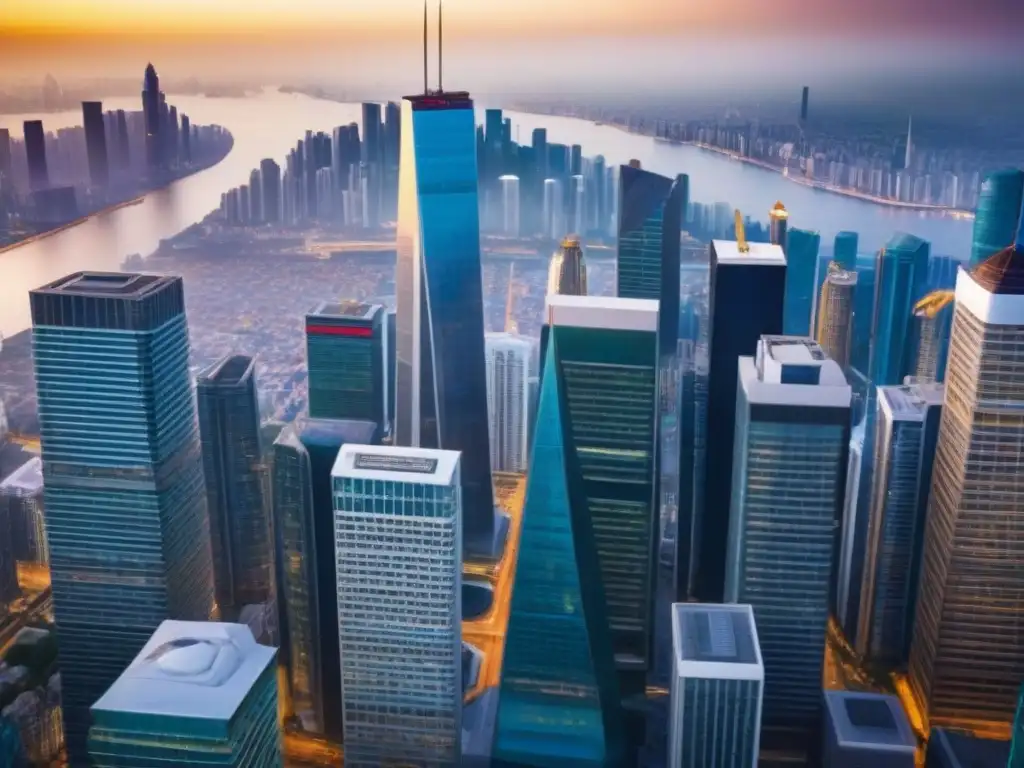 Vibrante distrito financiero en mercado emergente: inversión y energía Vibrante escena de inversiones inmobiliarias en mercados emergentes con rascacielos, arquitectura futurista y profesionales en negociaciones