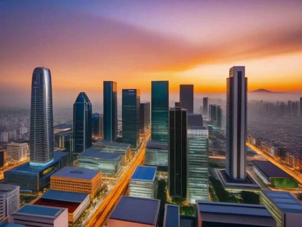 Distrito financiero de México al atardecer: crecimiento económico y actividad inmobiliaria en 8k Vibrante escena del mercado inmobiliario mexicano al atardecer, con modernos rascacielos y actividad económica