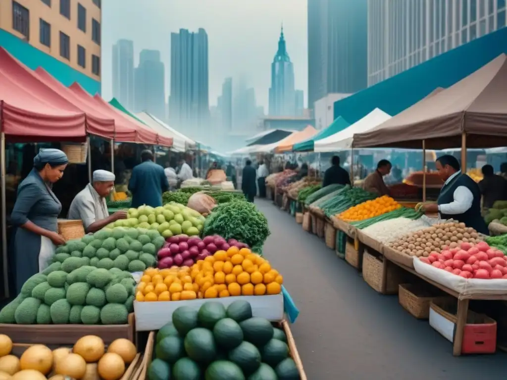 Mercado local vibrante: escena 8k de diversidad y energía Vibrante escena de mercado local, revitalizando mercados inmobiliarios locales con diversidad de personas y productos