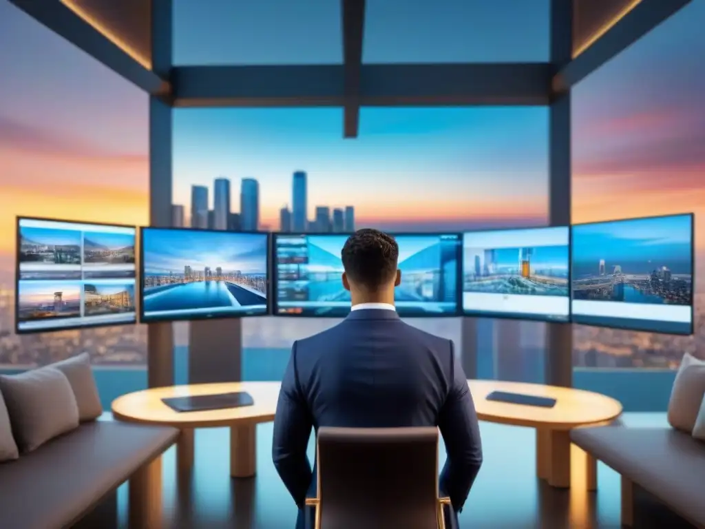Mercado inmobiliario secundario: escena futurista de transacciones Vibrante escena de mercado secundario de inversión inmobiliaria con profesionales modernos y futuristas en interacción