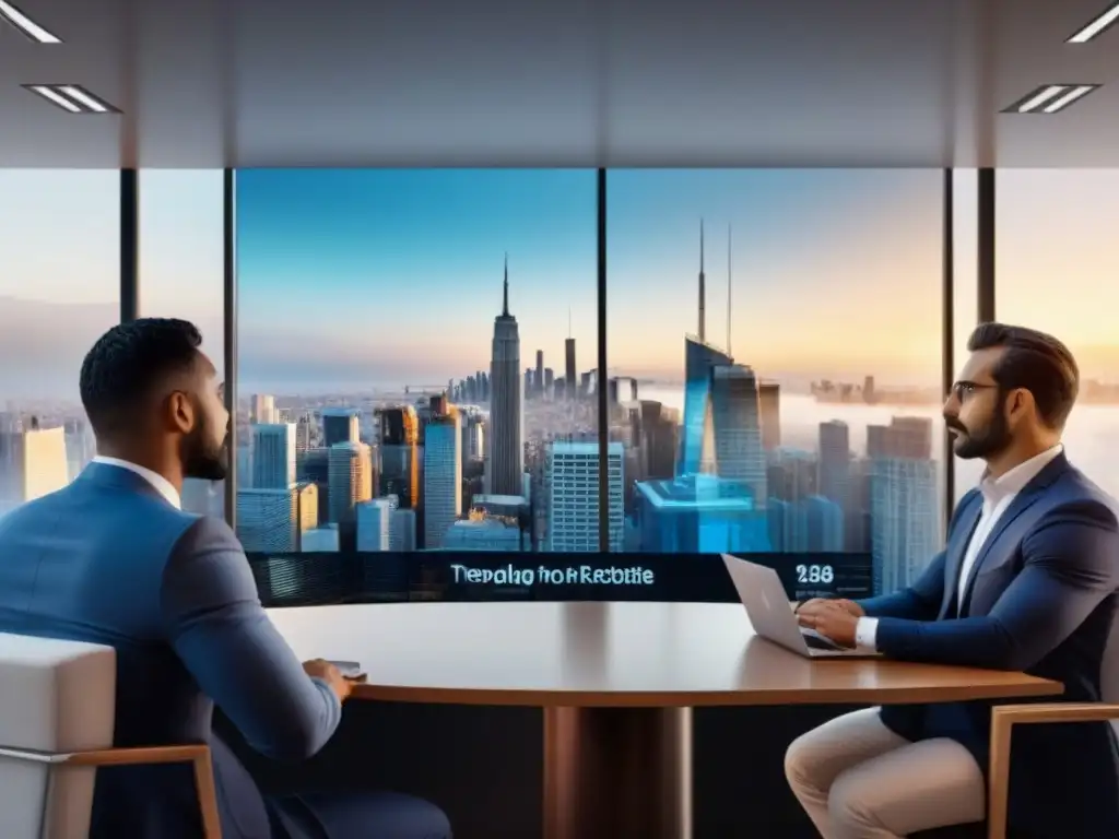 Escena inmobiliaria internacional en 8K: negociaciones y diversidad Vibrante escena de mercados inmobiliarios internacionales subestimados con profesionales negociando y rascacielos modernos de fondo