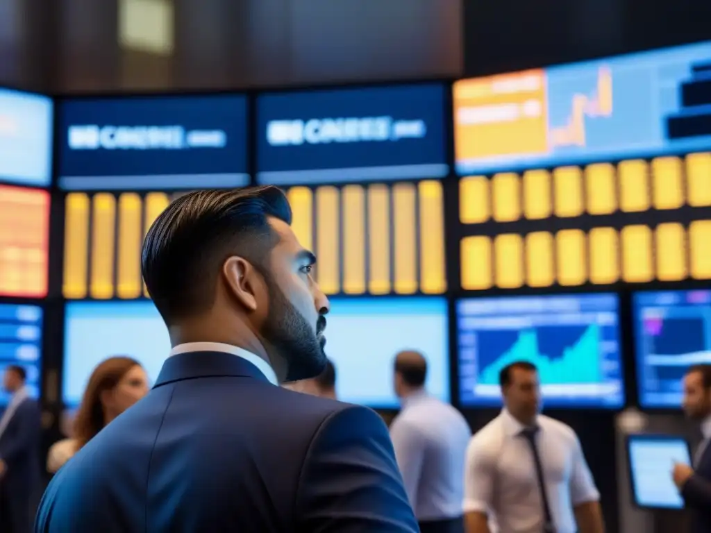 Intenso intercambio en la bolsa de valores Vibrante escena de mercados secundarios inversión inmobiliaria en bolsa, traders intercambiando tablets y papeles frenéticamente
