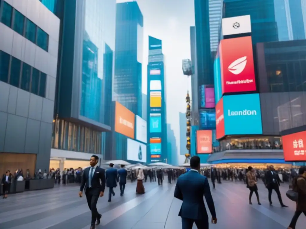 Distrito financiero emergente: símbolo de crecimiento y oportunidad Vibrante escena de negocios en mercado emergente, con rascacielos futuristas y profesionales ocupados