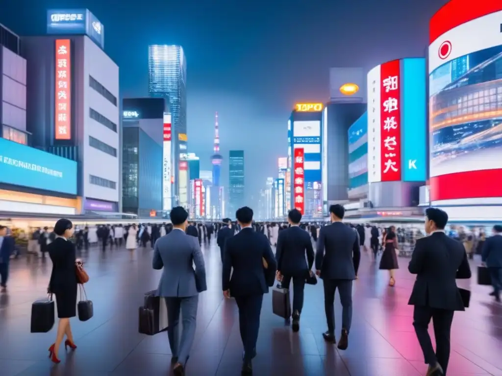 Tokio nocturno: dinamismo financiero y tradición japonesa en 8k Vibrante escena nocturna en distrito financiero de Tokio, mezclando tradición y modernidad