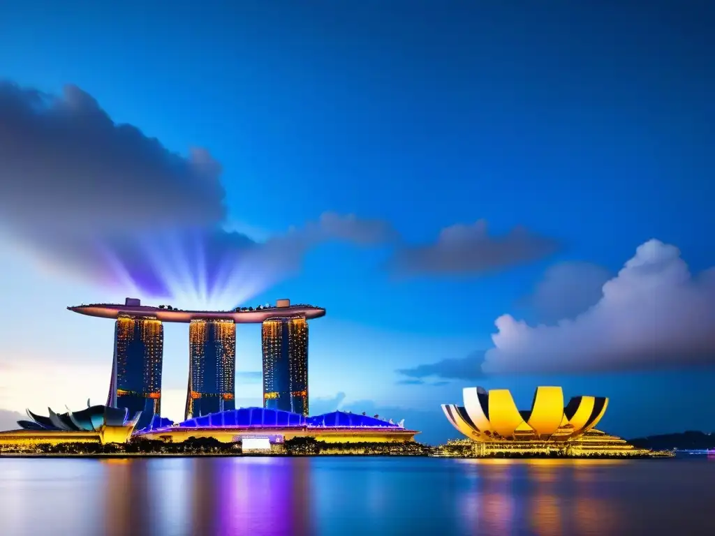 Impresionante Marina Bay Sands iluminado de noche en Singapur Vibrante escena nocturna en Singapur con el icónico hotel Marina Bay Sands iluminado, reflejándose en la bahía