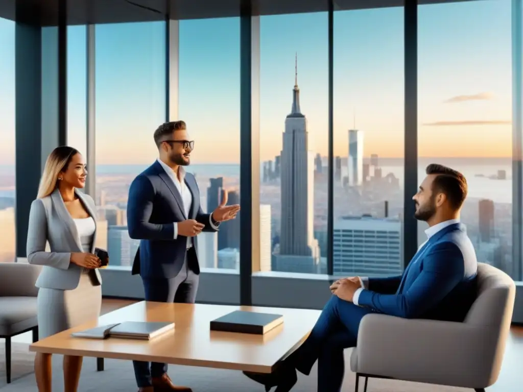 Profesionales inmobiliarios multiculturales en reunión de alto impacto Una vibrante escena de profesionales del marketing inmobiliario internacional y cultura, debatiendo en una oficina moderna con vista a la ciudad