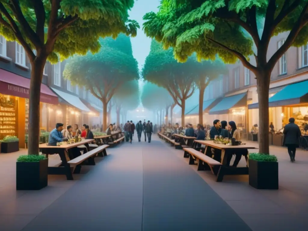 Vibrante ciudad universitaria: mezcla de modernidad y tradición Vibrante escena universitaria con edificios modernos y estudiantes en calles arboladas