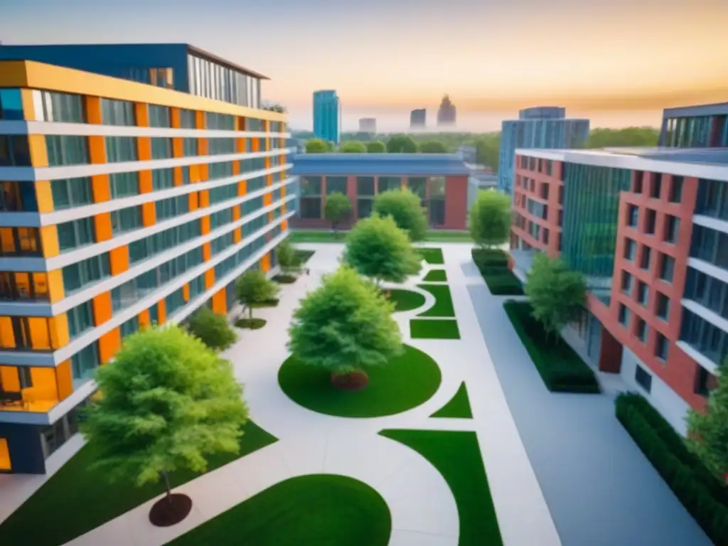 Vibrante escena universitaria con modernos edificios y estudiantes, ideal para inversiones inmobiliarias en zonas universitarias