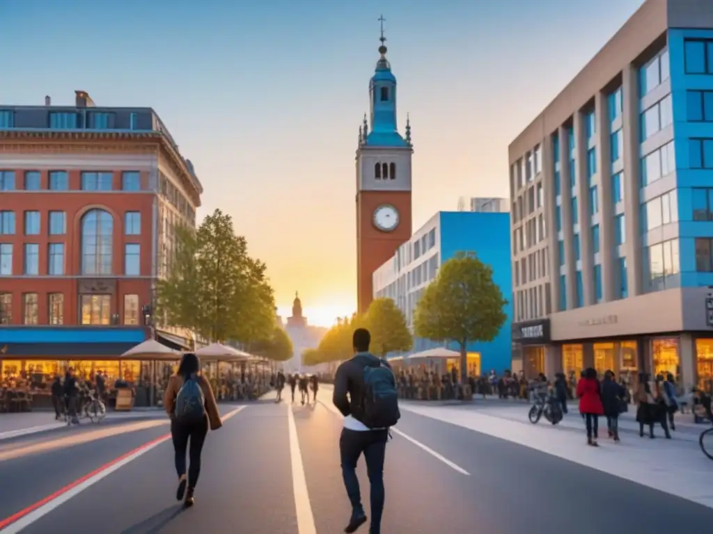 Vida universitaria en el atardecer: modernidad y diversidad Vibrante escena universitaria con tendencias demográficas mercado inmobiliario en moderno entorno urbano al atardecer