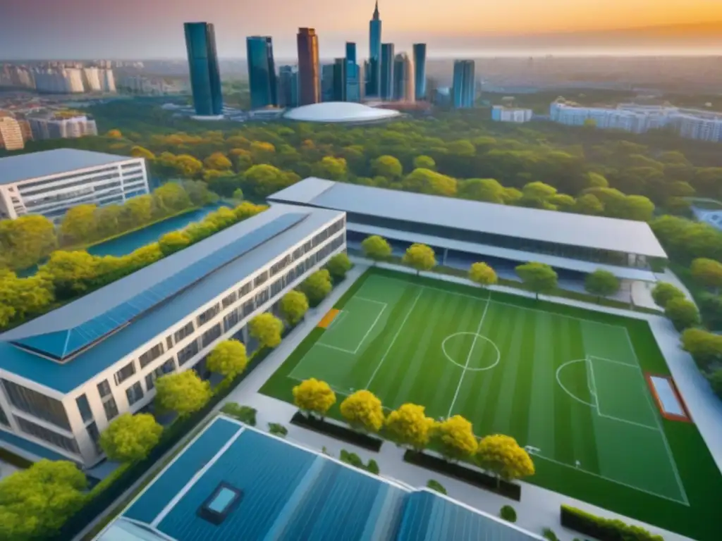 Vínculo entre universidad y desarrollo urbano: campus y rascacielos Vibrante escena universitaria y urbana, mostrando el impacto de políticas universitarias en inversión inmobiliaria