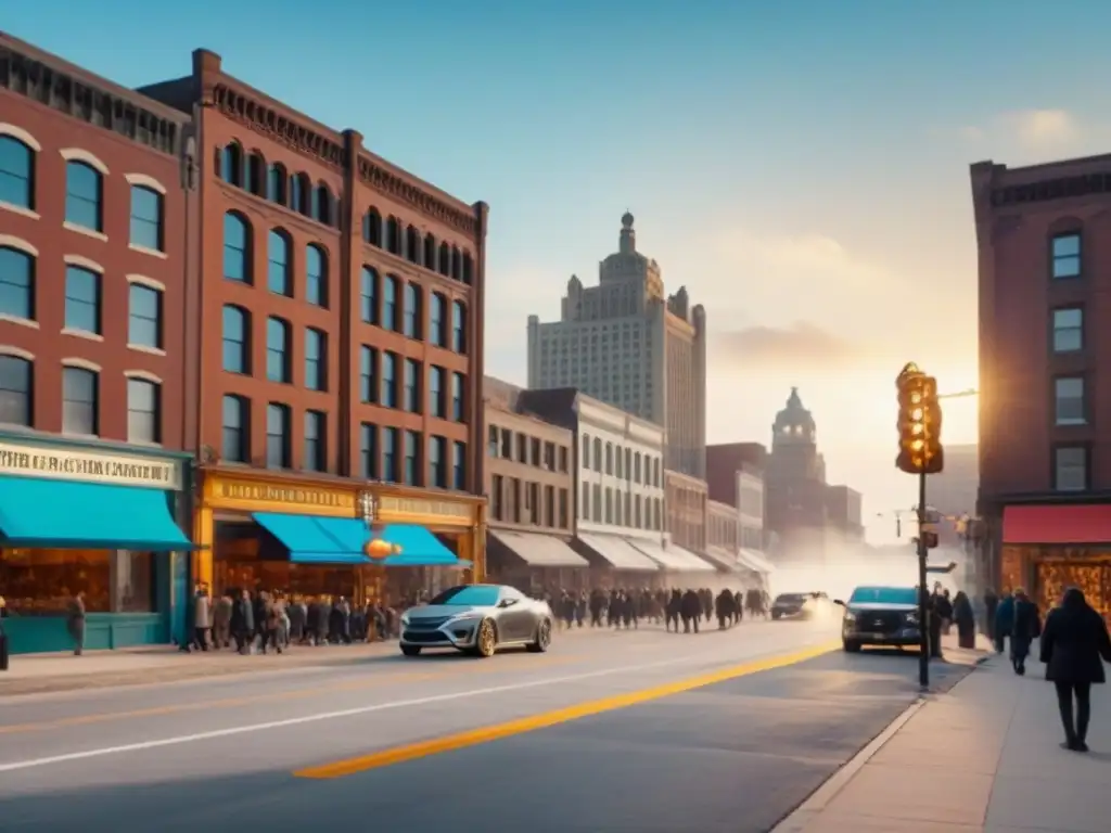 Escena urbana de Detroit: Renovación histórica y diversidad en 8k Vibrante escena urbana de Detroit con arquitectura antigua y moderna, gente diversa, cafés y arte callejero