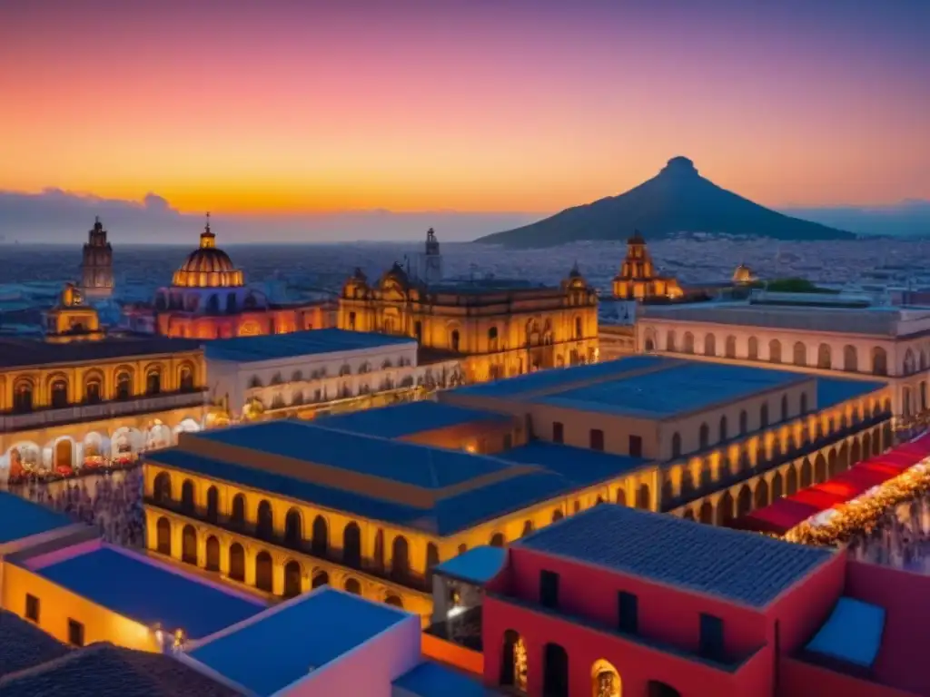 Cityscape mexicano al atardecer: fusión de tradición y modernidad Vibrante escena urbana en México al atardecer, fusionando lo moderno con lo histórico