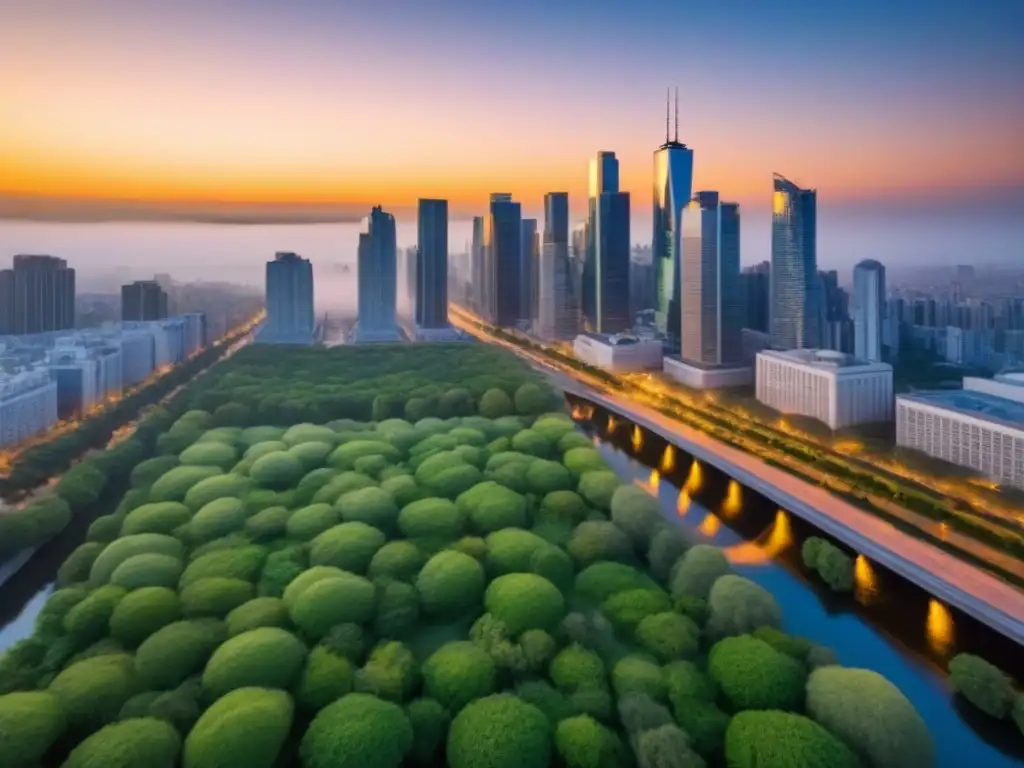 Vibrante ciudad al atardecer: rascacielos, personas y naturaleza Vibrante escena urbana al atardecer con rascacielos modernos, áreas verdes y personas caminando en calles peatonales