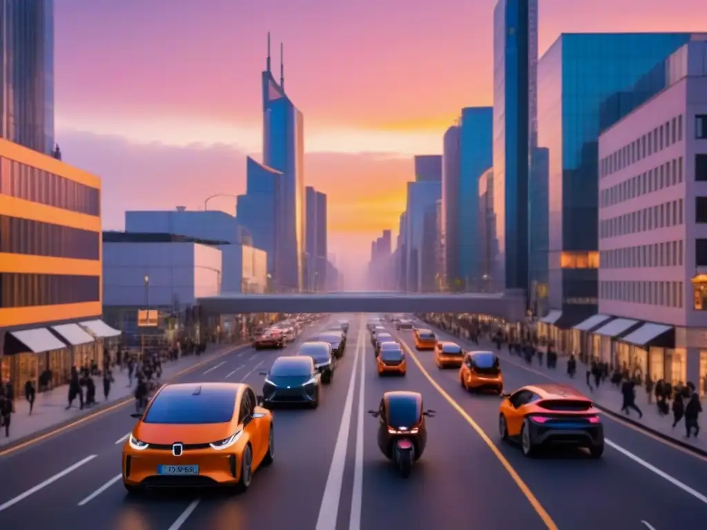 Horizonte urbano al atardecer: modernidad y movimiento en la ciudad Vibrante escena urbana al atardecer con modernos edificios, calles transitadas y vehículos eléctricos futuristas