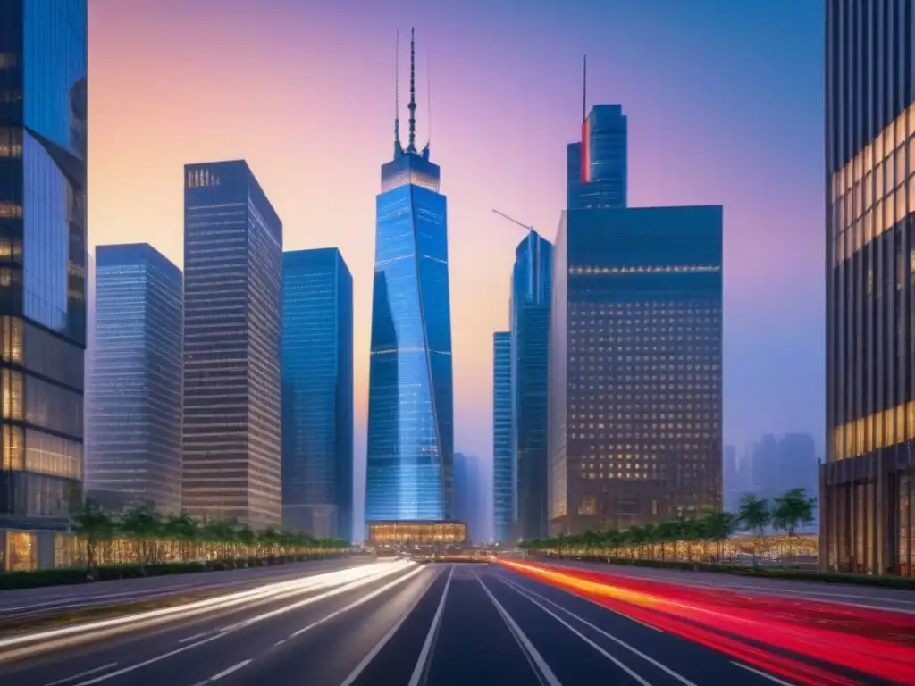 Distrito financiero al atardecer: inversión inmobiliaria internacional Vibrante escena urbana al atardecer con rascacielos iluminados y profesionales debatiendo estrategias inversión mercado inmobiliario internacional