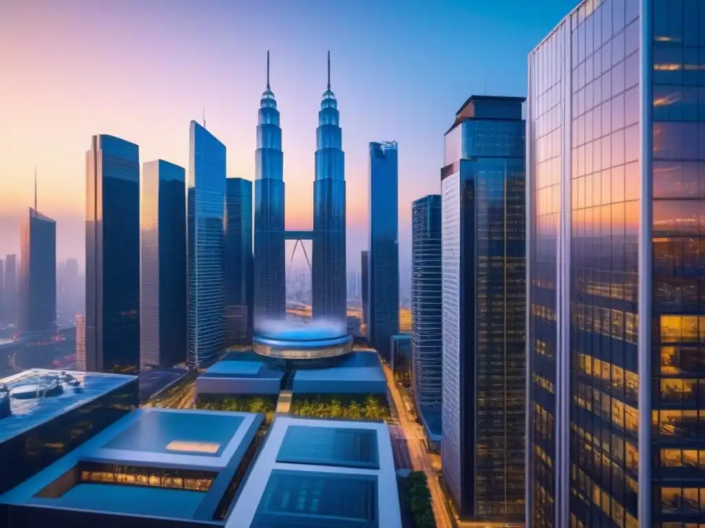 Horizonte urbano moderno con blockchain logo al atardecer Vibrante escena urbana al atardecer con rascacielos de vidrio iluminados y profesionales en trajes de negocios