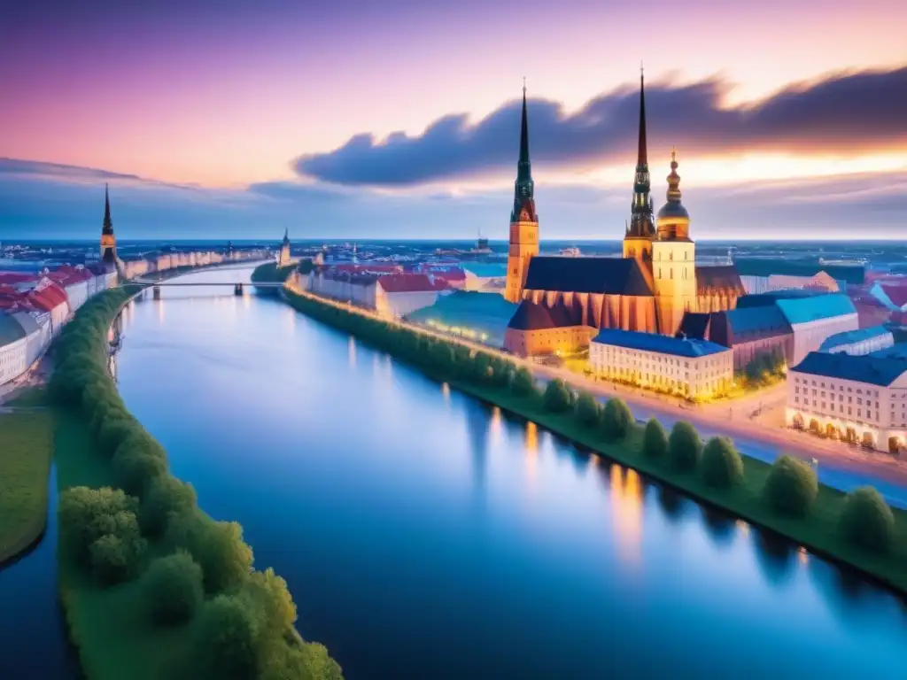 Espléndido atardecer en el skyline moderno de Riga, Letonia Vibrante escena urbana en Riga al atardecer, fusionando arquitectura histórica y rascacielos modernos