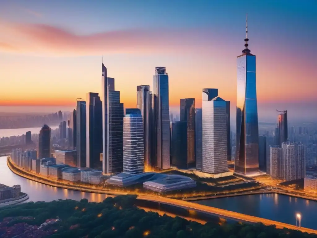 Skyline urbano al atardecer: mercado inmobiliario dinámico Vibrante escena urbana al atardecer, reflejando el dinamismo del mercado inmobiliario en tiempos de alta inflación